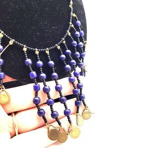 Afghan Lapis Brass Fringe Bib Necklace 18in, 3in fringe